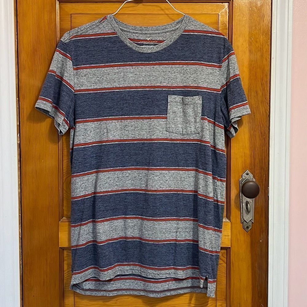 Men's Striped Gray and Blue T-Shirt